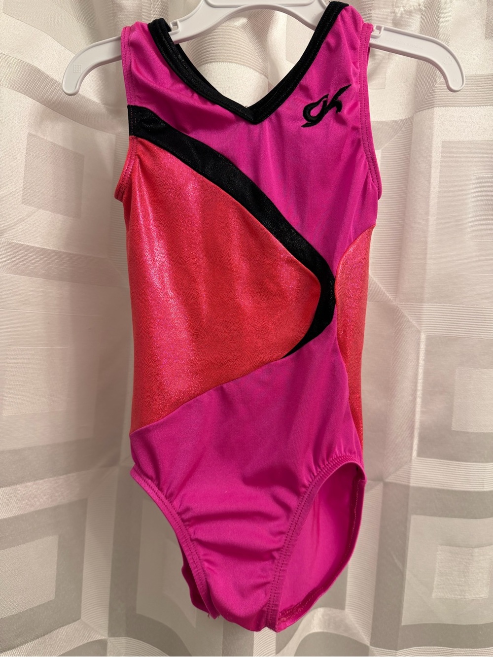 GK girls gymnastics leotard pink orange black shiny size child small